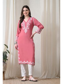 SYRISH - Onion Pink Hand Embroidered Chikankari Rayon Straight Kurta