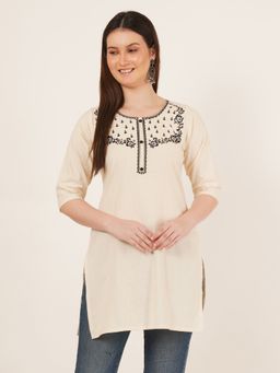 Brownverse - Off White Pure Cotton Embroidered Kashmiri Short Kurti