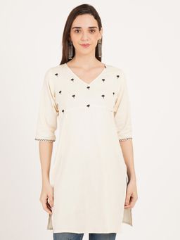 Brownverse - Off White Pure Cotton Embroidered Kashmiri Short Kurti
