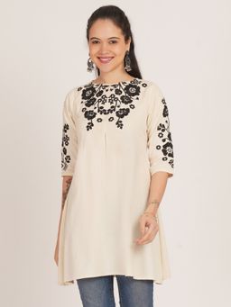 Brownverse - Off White Pure Cotton Embroidered Kashmiri Short Kurti
