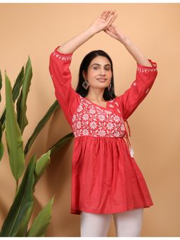 Shwet Heritage - Red Hand Embroidered Chikankari Angarkha Top