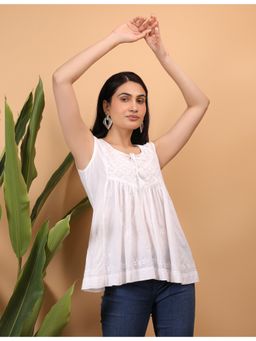Shwet Heritage - White Hand Embroidered Chikankari Yoke Top