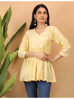 Shwet Heritage - Yellow Hand Embroidered Chikankari Angarkha Top