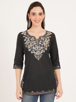Brownverse - Black Pure Cotton Embroidered Kashmiri Short Kurti
