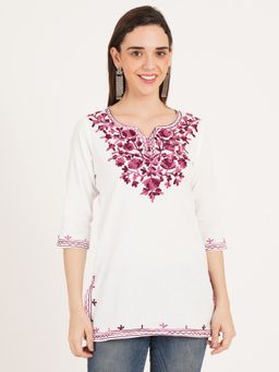 Brownverse - White Pure Cotton Embroidered Kashmiri Short Kurti