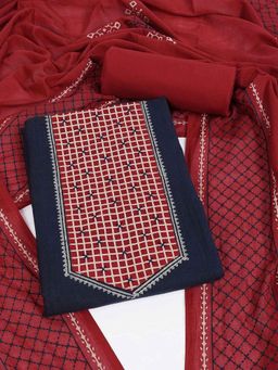 Kami Kubi - Blue Cotton Embroidered Unstitched Kurta with Pant and Dupatta