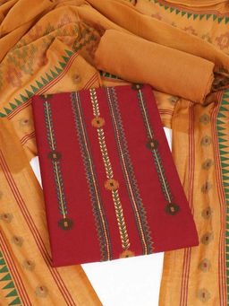Kami Kubi - Red Cotton Embroidered Unstitched Kurta with Pant and Dupatta