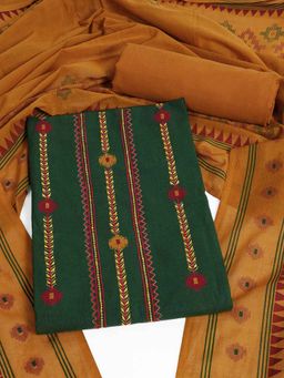 Kami Kubi - Green Cotton Embroidered Unstitched Kurta with Pant and Dupatta