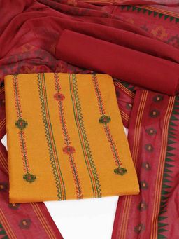 Kami Kubi - Yellow Cotton Embroidered Unstitched Kurta with Pant and Dupatta
