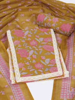 Kami Kubi - Mustard Cotton Floral Unstitched Kurta with Pant and Dupatta