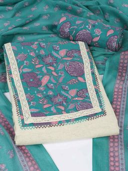 Kami Kubi - Green Cotton Floral Unstitched Kurta with Pant and Dupatta