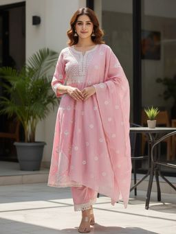 Zolo Label - Peach Embroidered Chanderi Anarkali Kurta with Pant and Dupatta