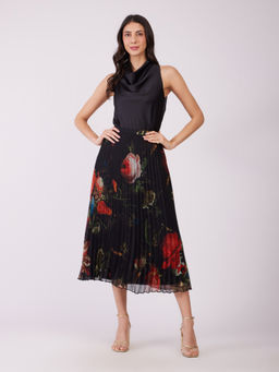 FableStreet - Black and Red Chiffon Pleated Floral Skirt