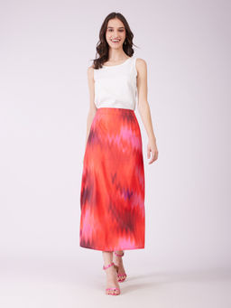 FableStreet - Red and Pink Stretch Satin Ombre Midi Skirt
