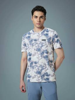 Technosport - Men Blue Abstract Print Slim Fit Round Neck Sports T-Shirt with Technocool+