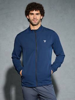 Technosport - Navy Blue Men Solid Slim Fit High Neck Sports Jacket
