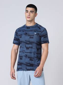Technosport - Navy Blue Men Self Design Slim Fit Round Neck Sports T-Shirt