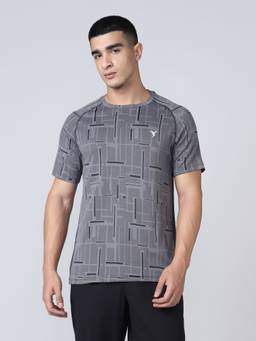 Technosport - Grey Men Self Design Slim Fit Round Neck Sports T-Shirt