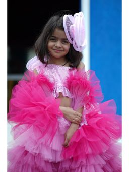 devils n angels - Pink Shaded Crop Top with Lehenga & Dupatta for Girls (Set of 4)