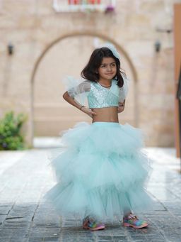 devils n angels - Sea Blue Colored Crop Top with Lehenga & Dupatta for Girls (Set of 4)