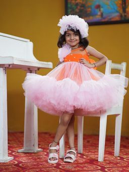 devils n angels - Designer Party Wear Dress with Hair Bow for Girls (Set of 2)