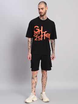 Griffel - Men Black Oversized Cotton Typography Co-Ord Set