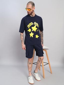 Griffel - Men Navy Blue Oversized Cotton Typography Co-Ord Set