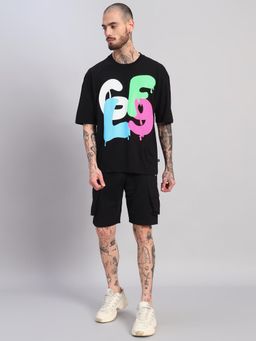 Griffel - Men Black Oversized Cotton Typography Co-Ord Set
