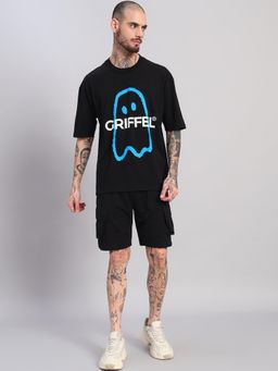 Griffel - Men Black Oversized Cotton Typography Co-Ord Set