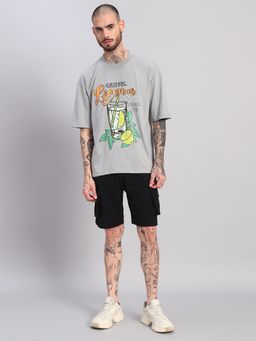 Griffel - Men Grey Oversized Cotton Typography Co-Ord Set