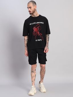 Griffel - Men Black Oversized Cotton Typography Co-Ord Set
