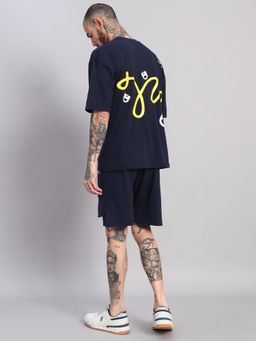 Griffel - Men Navy Blue Oversized Cotton Typography Co-Ord Set