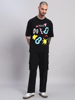 Griffel - Men Black Oversized Cotton Typography Co-Ord Set