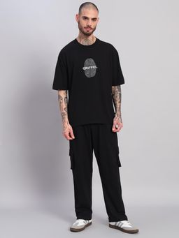 Griffel - Men Black Oversized Cotton Typography Co-Ord Set
