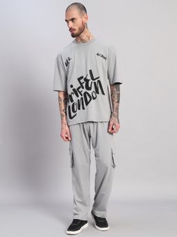 Griffel - Men Grey Oversized Cotton Typography Co-Ord Set