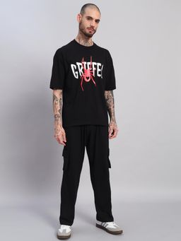 Griffel - Men Black Oversized Cotton Typography Co-Ord Set