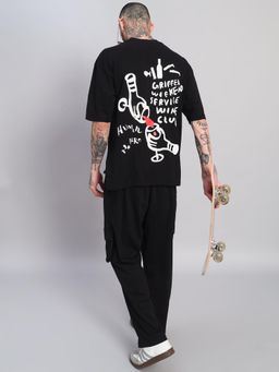 Griffel - Men Black Oversized Cotton Typography Co-Ord Set