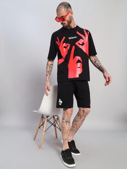 Griffel - Men Black Oversized Cotton Typography Co-Ord Set