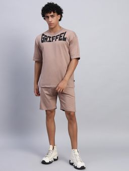 Griffel - Men Beige Oversized Cotton Typography Co-Ord Set