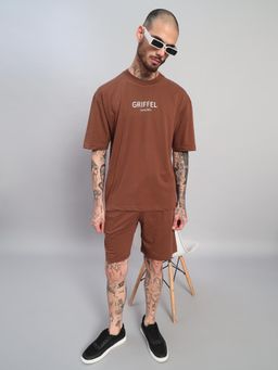 Griffel - Men Brown Oversized Cotton Typography Co-Ord Set