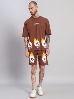 Griffel - Men Brown Oversized Cotton Typography Co-Ord Set