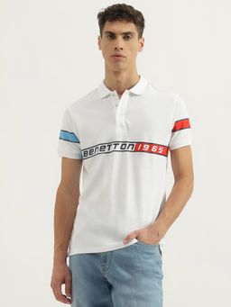 United Colors of Benetton - White Regular Fit Collar Neck Typography Polo T-Shirt