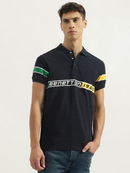 United Colors of Benetton - Navy Blue Regular Fit Collar Neck Typography Polo T-Shirt
