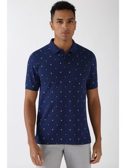 Peter England - Men Navy Blue Print Collar Neck Polo T-Shirt