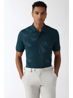 Peter England - Men Teal Print Collar Neck Polo T-Shirt