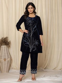 Yufta - Blue Embroidered Velvet Kurta and Pant (Set of 2)