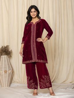 Yufta - Marron Velvet Kurta and Palazzo (Set of 2)