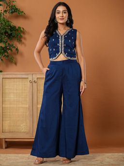 Yufta - Embroidered Blue Waistcoat Co - Ord with Attached Lining (Set of 2)