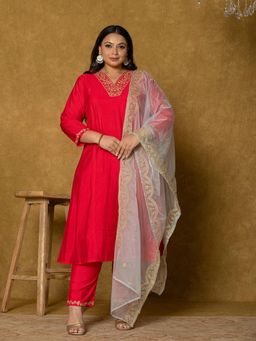 Yufta - Red Silk Embroidered Kurta and Pant with Dupatta (Set of 3)