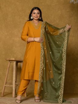 Yufta - Mustard Silk Embroidered Kurta and Pant with Dupatta (Set of 3)